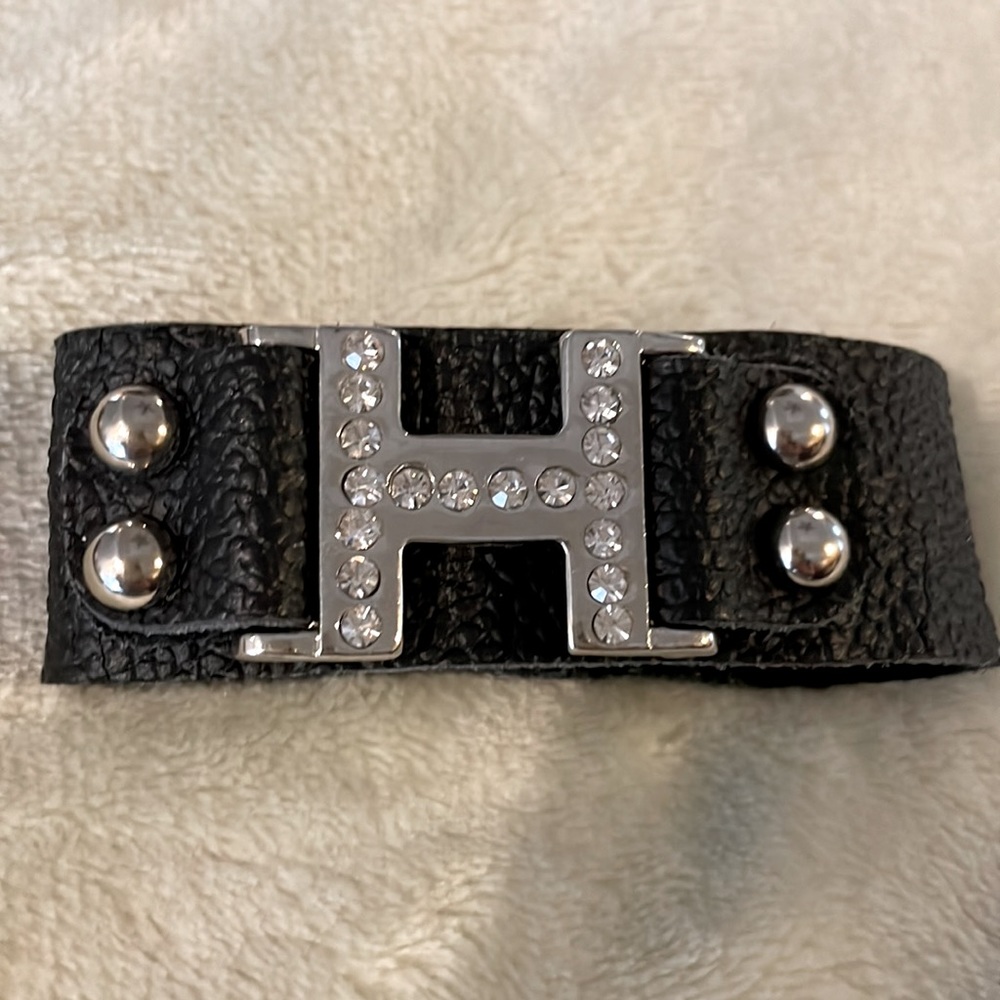 Black Leather Designer Inspired Bracelet w/ Crystals